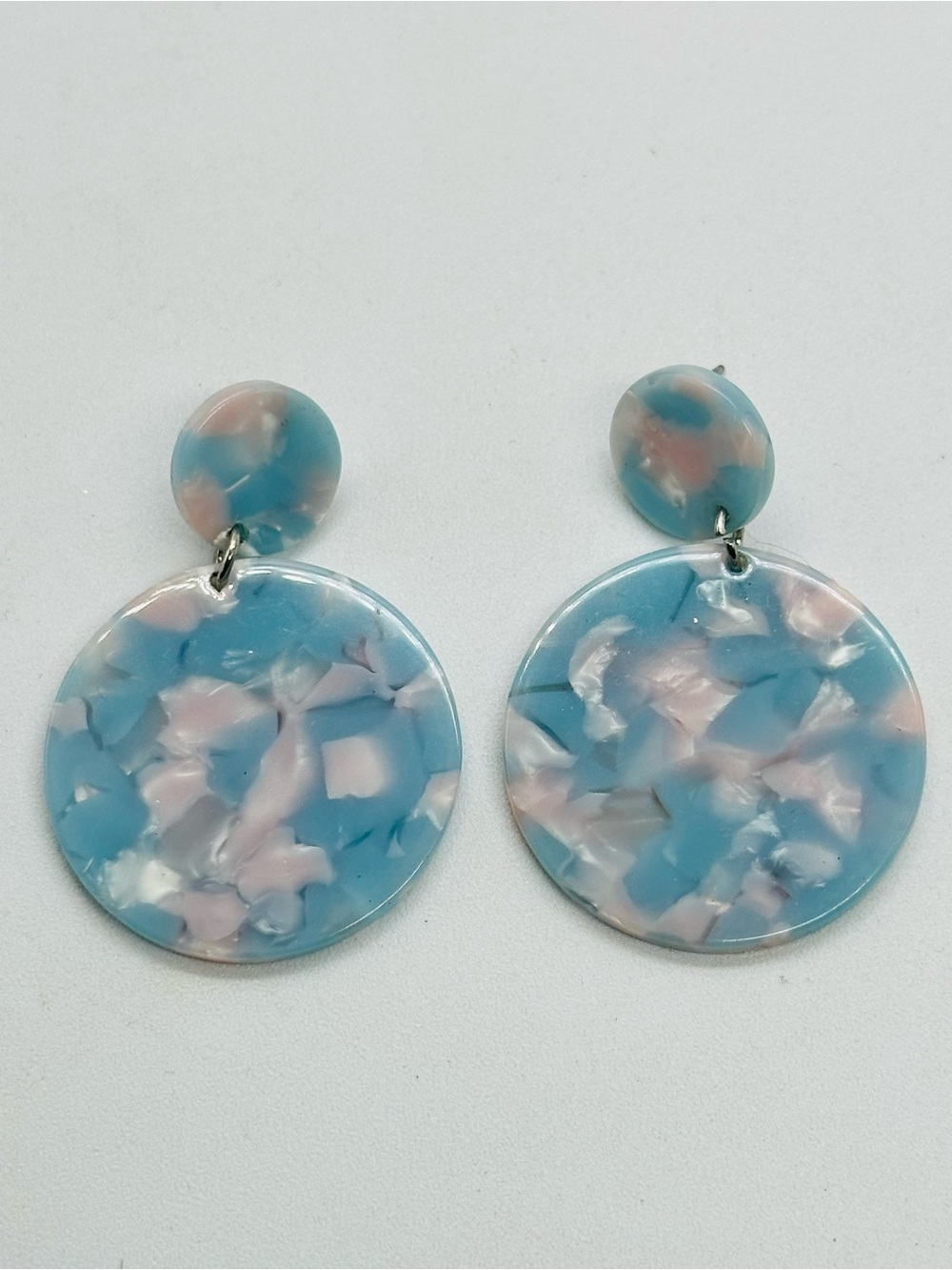 Large 2” Acrylic Disc Drop Earrings Pastel Blue Pink White Resin Pierced Post